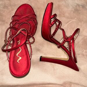 Preowned Nina Satin Red rhinestone Strappy heels Size 9.5 M